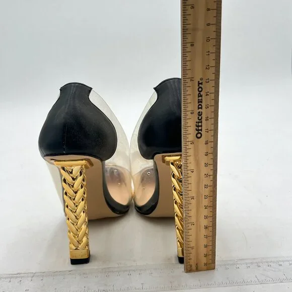 FSJ Gold Clear Gold Metal Chain Chunky High Heel Pointed Toe Slip On Pumps - Picture 5 of 8